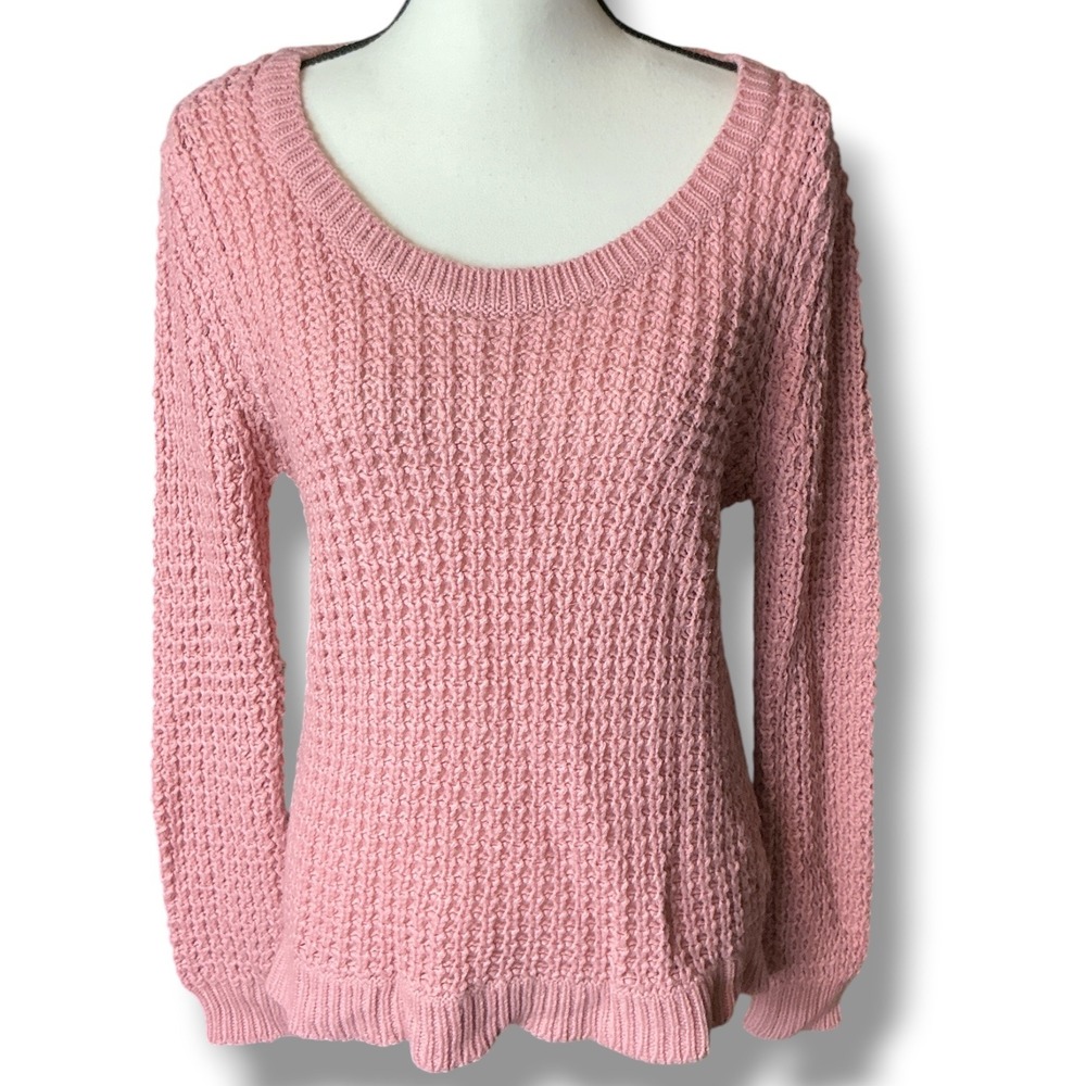 Bongo Pink Waffle Knit Sweater Women Large Scoop Neck High Low Hem 5714